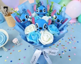 Ramo de peluche de alienígena azul, arreglo floral de dibujos animados, regalo kawaii, arreglo floral de peluche de rosa azul