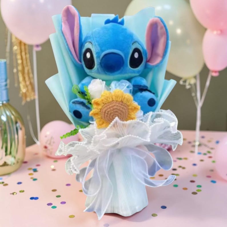 Blue Stitch Plush Bouquet with Sunflower, Kawaii Stuffed Flower Gift, Decorative Arrangement image 1
