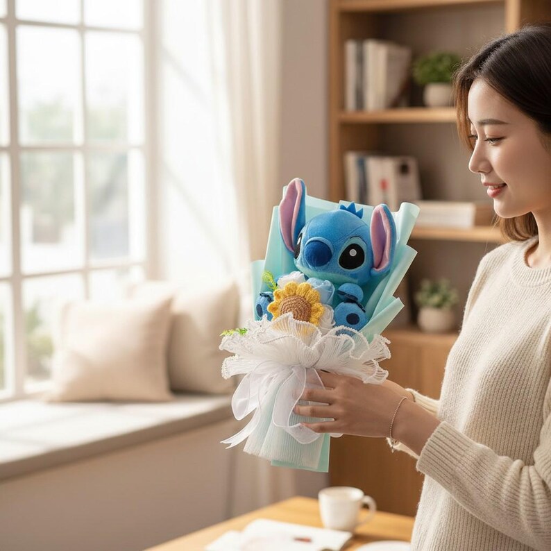 May include: A plush bouquet featuring a blue Stitch character with large ears, a sunflower, and other floral accents. The bouquet is wrapped in light blue paper and tied with a white ribbon. The bouquet is held by a person.