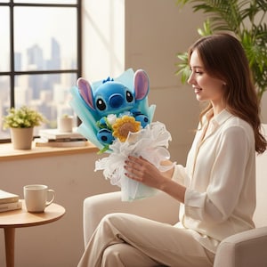 Blue Stitch Plush Bouquet with Sunflower, Kawaii Stuffed Flower Gift, Decorative Arrangement image 3