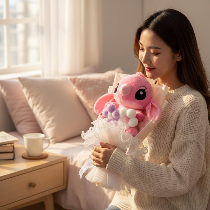 Ramo de peluches de Stitch rosa, arreglo floral de peluche kawaii, regalo de juguete suave imagen 7