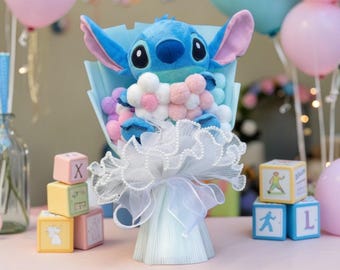 Ramo de peluches de Blue Stitch, arreglo floral de peluche kawaii, regalo de juguete suave, alternativa decorativa