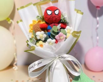 Araignée en peluche, bouquet, peluche super-héros, fleurs au crochet, 32 cm, cadeau