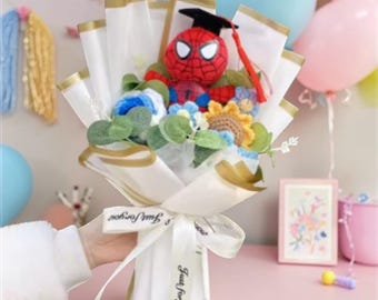 Ramo de peluches de graduación de superhéroes, 35 cm, regalo de arreglo floral