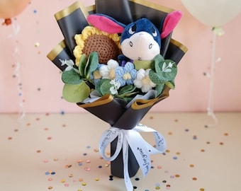 Bouquet Bourriquet en peluche, fleurs au crochet, composition décorative pour cadeau