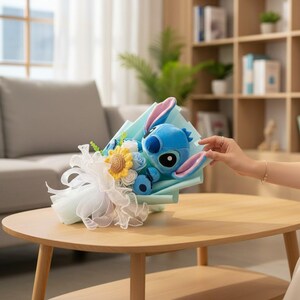 Blue Stitch Plush Bouquet with Sunflower, Kawaii Stuffed Flower Gift, Decorative Arrangement image 7