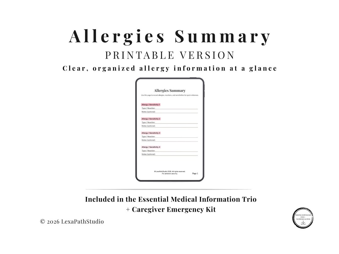 Allergy Alert · Emergency Info | Printable PDF - Etsy Canada