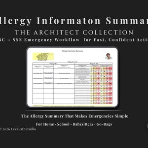 May include: An Allergy Information Summary chart from The Architect Collection, featuring an ABC SSS Emergency Workflow table. The document includes sections for allergy details, triggers, and response protocols with a color-coded grid system.