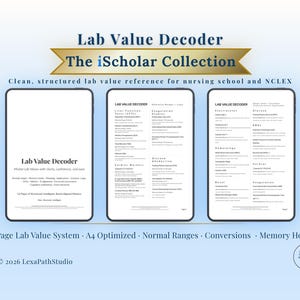 以下が含まれることがあります： The iScholar Collectionの12ページのLab Value Decoder学習ガイド。看護学の検査値リファレンス、基準範囲、換算表、記憶術が構造化されています。A4サイズに最適化された、白地に黒文字のドキュメントです。