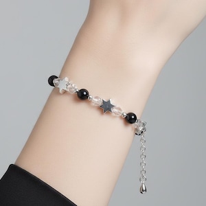 Pulsera Estrella de Perla Negra – Pulsera de Cadena de Acero Inoxidable con Estrella de Cinco Puntas de Estilo Punk para Mujer / Hecha a Medida