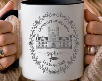 Personalized University College Portrait Flower Mug, Graduation Ceramic Mug, Class of 2026 Graduation Gift for Daughter, Graduate Keepsake