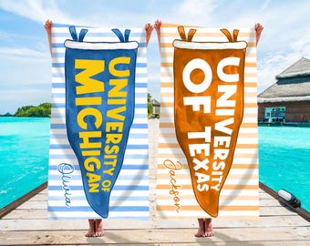 Personalized College Pennant Beach Towel, School Banner School Spirit Beach Towel, High School Graduation Gift, University Graduation Gift
