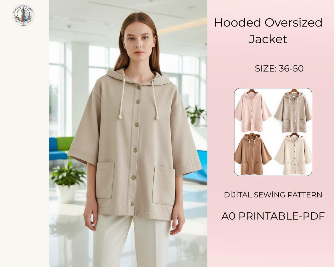 Simple Box Jacket Pattern Boxy Hooded Jacket Sewing Pattern, Oversized Short Trench Coat, Modern ...