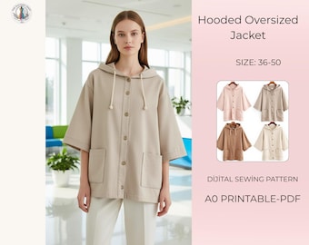 Boxy Hooded Jacket Sewing Pattern, Oversized Short Trench Coat, Modern Fit (PDF Download)