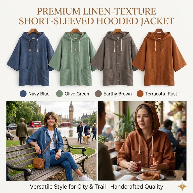 May include: A display of four short-sleeved hooded jackets in navy blue, olive green, earthy brown, and terracotta rust. Each jacket has a hood, front buttons, and pockets. The image also shows two people wearing the jackets in different settings. Text on the image reads: "PREMIUM LINEN-TEXTURE SHORT-SLEEVED HOODED JACKET."