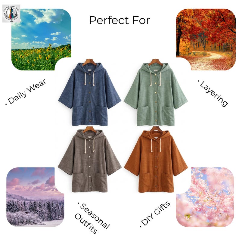 May include: Four hooded jackets in blue, green, brown, and orange. Each jacket has a drawstring hood, front pockets, and button closures. The image includes text that says "Perfect For" and "Daily Wear", "Layering", "Seasonal Outfits", and "DIY Gifts".