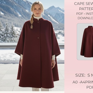 Puede incluir: Una capa burdeos con cuello alto y cierre de botones. La imagen incluye una ilustración más pequeña de la capa y el texto "CAPE SEWING PATTERN PDF INSTANT DOWNLOAD" y "SIZE: S M L".
