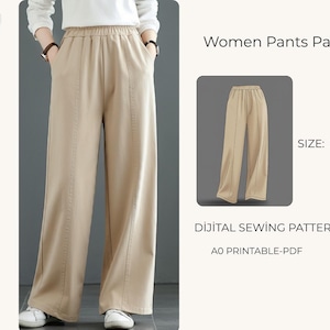 Może przedstawiać: Beżowe spodnie z szerokimi nogawkami i elastyczną talią. Obraz zawiera mniejszą ilustrację spodni oraz tekst "Women Pants Pattern" i "SIZE: XS-XXL". Tekst zawiera również "DİJİTAL SEWING PATTERN" i "AO PRINTABLE-PDF".