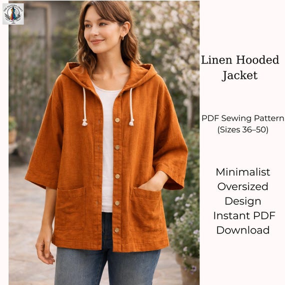 Hooded Jacket Sewing Pattern PDF, Linen Oversized Jacket Pattern, Minimalist Women Coat Pattern, DIY Sewing Pattern, Instant Download