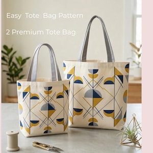 May include: Two beige tote bags with geometric patterns in navy blue, yellow, and gray. The bags have gray handles and the text "Easy Tote Bag Pattern" and "2 Premium Tote Bag".