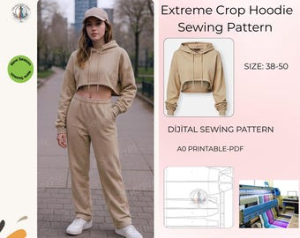 Molde para blusa cropped oversized com capuz | Tamanhos femininos 36-50 (Molde em PDF)