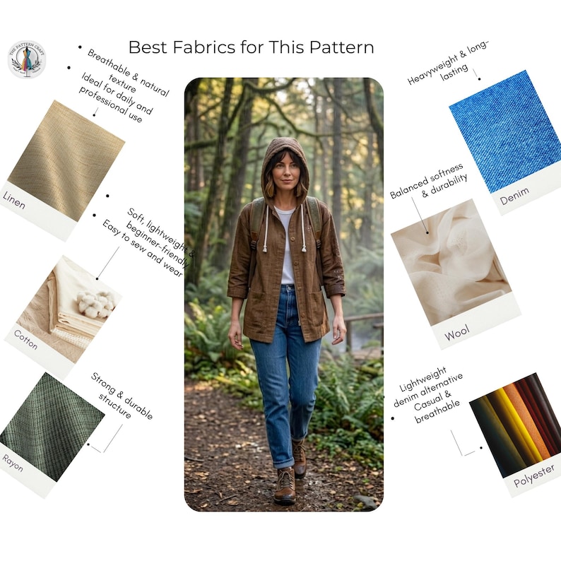 May include: A woman wearing a brown hooded jacket, white shirt, and blue jeans walks on a path in a forest. The image includes fabric swatches of linen, cotton, rayon, denim, wool, and polyester, with text that reads "Best Fabrics for This Pattern."