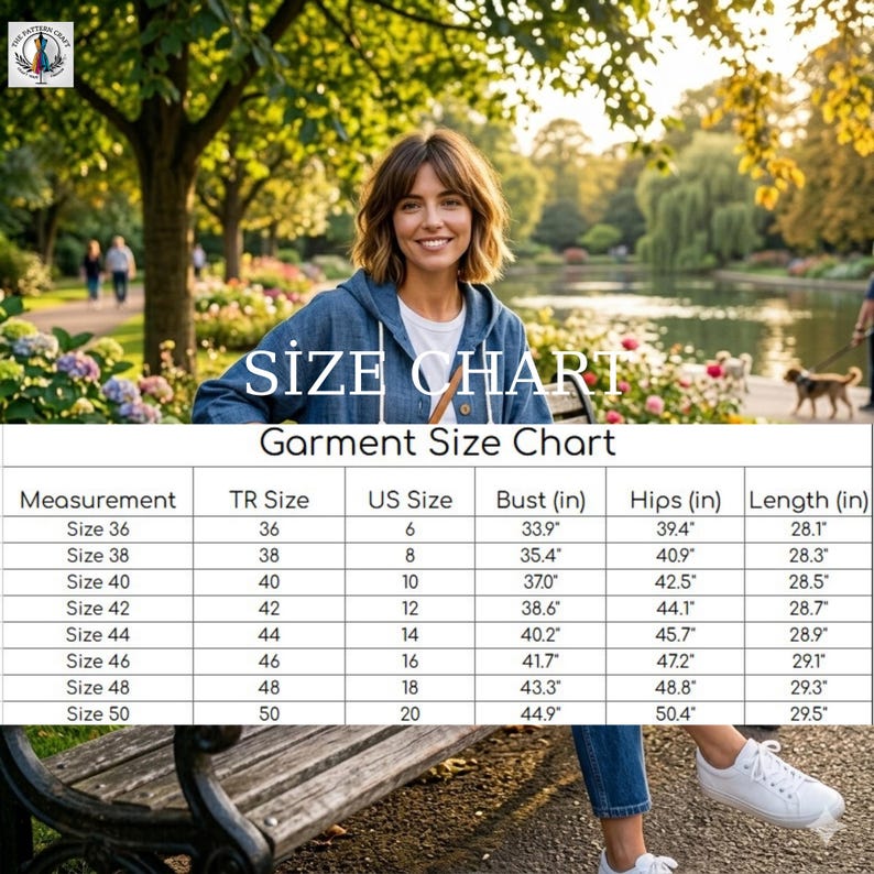 May include: A woman wearing a denim jacket and white sneakers is seated outdoors. A size chart is displayed, detailing measurements in inches for bust, hips, and length, with US and TR sizes. The background shows a park setting with trees and a lake.