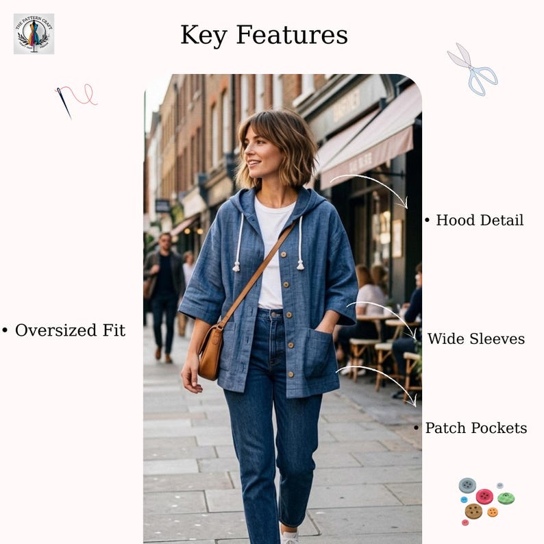May include: A denim blue hooded jacket with an oversized fit, wide sleeves, and patch pockets. The jacket features a button-up front and a white drawstring hood. The model is wearing the jacket with blue jeans and a brown shoulder bag.