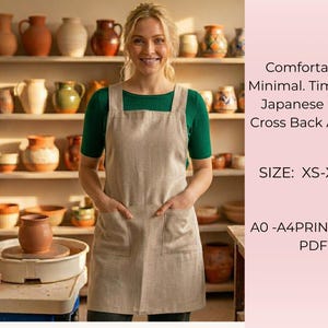 May include: A woman wearing a beige Japanese-style cross-back apron with pockets. The apron is labeled as XS-XXL. The image also includes text that says "Comfortable. Minimal. Timeless."
