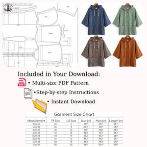 May include: A sewing pattern with multiple garment pieces and examples of hooded jackets in blue, green, brown, and orange. The image includes a size chart with measurements in inches and the text "Multi-size PDF Pattern", "Step-by-step Instructions", and "Instant Download".