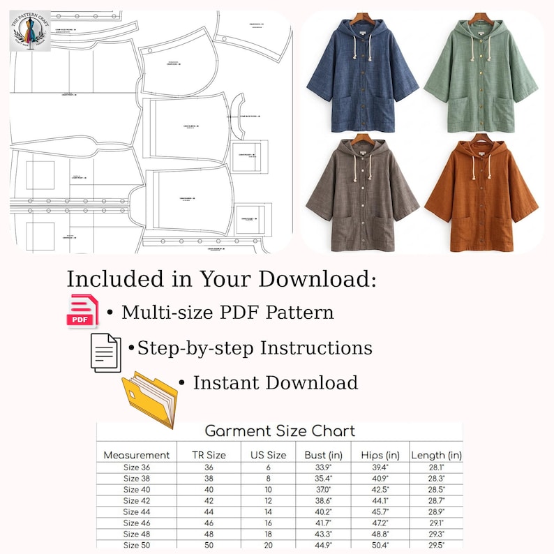 May include: A sewing pattern with multiple garment pieces and examples of hooded jackets in blue, green, brown, and orange. The image includes a size chart with measurements in inches and the text "Multi-size PDF Pattern", "Step-by-step Instructions", and "Instant Download".