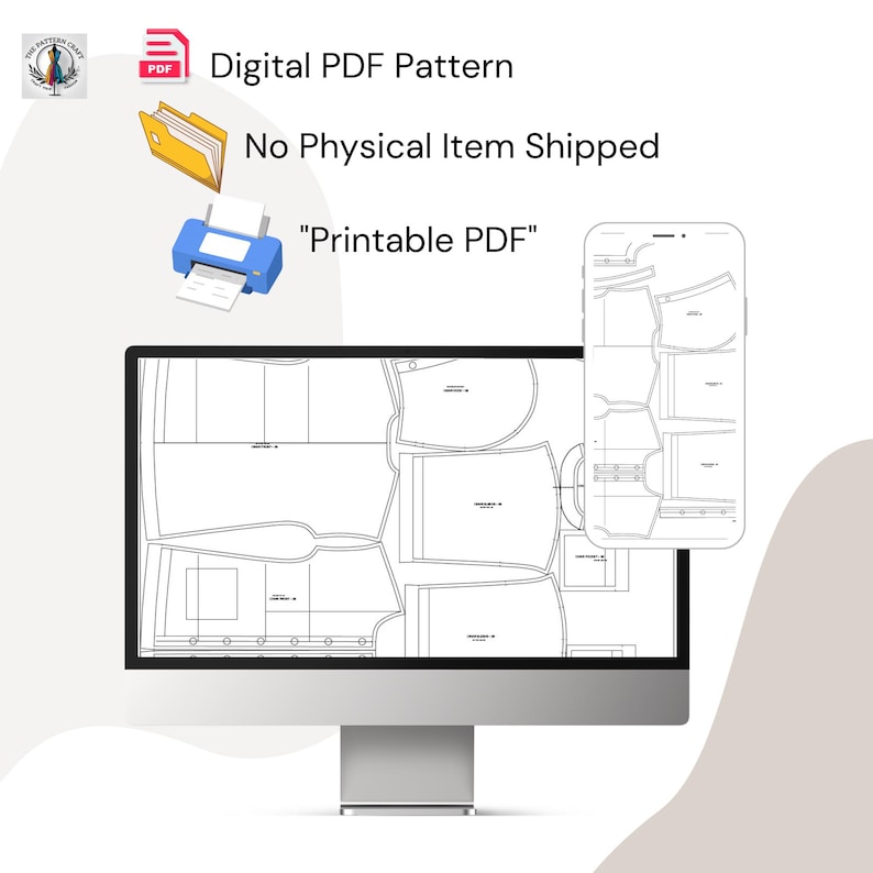 May include: A digital PDF pattern displayed on a computer monitor and a smartphone. The monitor shows a detailed sewing pattern layout. The image includes text: "Digital PDF Pattern" and "Printable PDF".