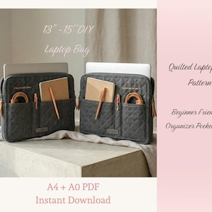 May include: Two gray quilted laptop bags with multiple pockets, each holding a laptop, notebook, pen, and accessories. The bags are designed for 13"-15" laptops. Text on the image reads "Laptop Bag Pattern" and "Beginner Friendly".