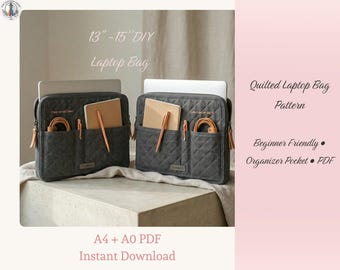 Pacote de moldes em PDF para costura de capa de laptop | Capa acolchoada para laptops de 13 e 15 polegadas | Ideal para iniciantes