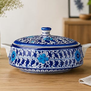 Handmade Ceramic Serving bowl with Lid – Traditional Serving Bowl, Decorative Casserole Dish | Blue Pottery