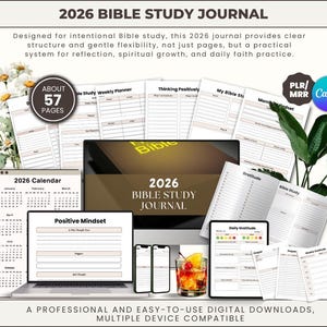 May include: A digital 2026 Bible Study Journal with multiple device compatibility. The image shows a laptop, tablet, and smartphones displaying journal pages. The journal includes a calendar, weekly planner, and pages for reflection. The text reads "2026 Bible Study Journal."