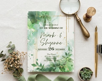 Forest Wedding Invitation | Emerald & Moss Greenery Invite | Modern Minimalist Garden Wedding Template | Instant Access