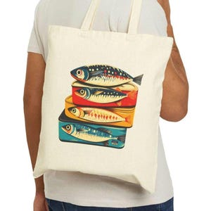Trendy Sardines design tote bag for Farmer market canvas bag with coastal vibe gift for Mom with retro style fisherman tote bag for travel