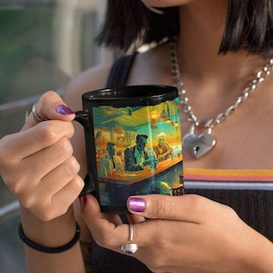 Retro Monster bar coffee mug, 11oz Black Mug, Horror movie lover&#39;s gift, Horror genre mug, horror movie inspired coffee or tea cup, Tea cup