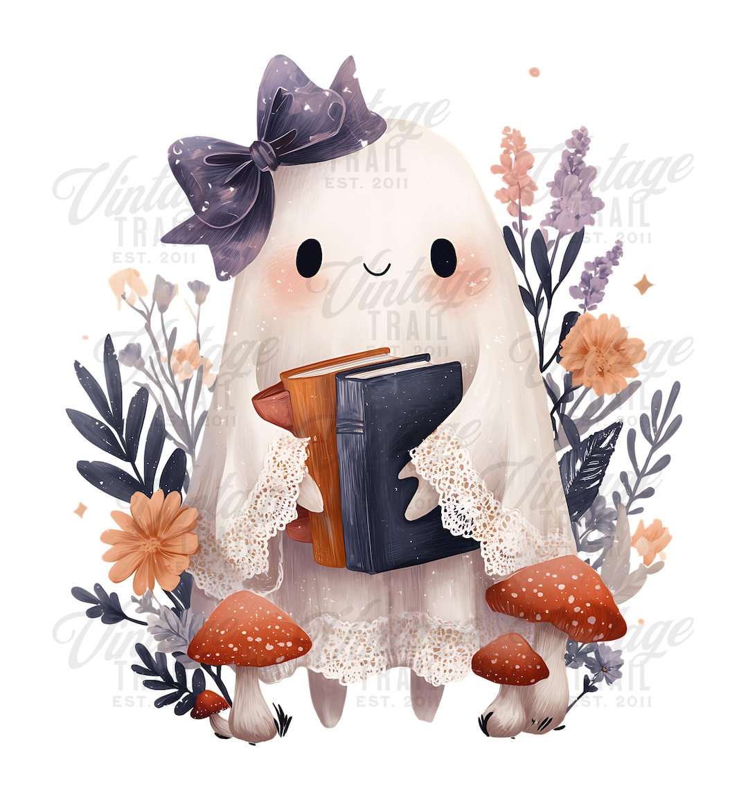 Cute Retro Style Ghost With Coquette Bow and Books for Craft Kawaii ...