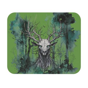May include: A white skeletal deer head with glowing green eyes, surrounded by a green forest with watercolor-like effects.