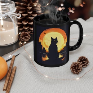 Retro style cat, black cat with moon, 11oz Black Mug, Coffee mug, Tea Mug, Halloween, Magic, Black Cat#4