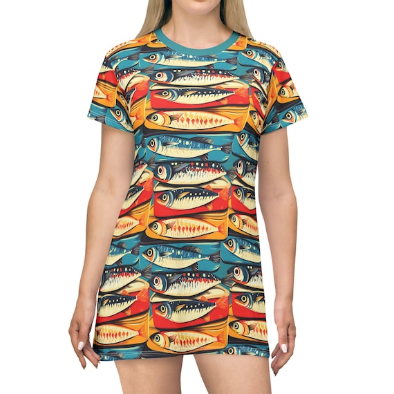 Sardine T-Shirt Dress for Boho Festival Outfit, Pop Art Fan Gift, Trendy Canned Fish Dress, Fun Graphic Tee Dress, Quirky Artistic Garment Sardine T-Shirt Dress for Boho Festival Outfit, Pop Art Fan Gift, Trendy Canned Fish Dress, Fun Graphic Tee Dress, Quirky Artistic Garment