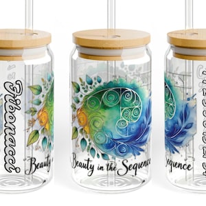 Fibonacci Spiral drinking glass with lid and straw with golden ratio Fibonacci Day cup Sacred geometry gift for Math Science teacher DaVinci