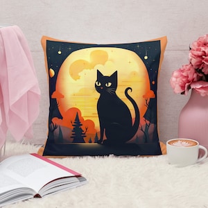 Black Cat pillow for cat lover home decor with moon pillow for cat lady Halloween themed pillow for cat owner pillow with removable cover