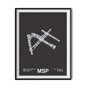Könnte beinhalten: Schwarzweißes Flughafen-Pisten-Diagramm mit dem Text "MSP" in Weiß auf schwarzem Hintergrund. Das Diagramm zeigt die Anordnung des Minneapolis-Saint Paul International Airport.