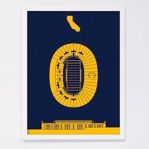 May include: A blue and gold illustration of a football stadium, with the state of California outlined in gold in the top right corner. The stadium is a stylized representation of the University of California, Berkeley's Memorial Stadium.