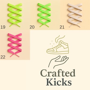 May include: Shoelace options in neon green, light green, beige, and pink, arranged in a crisscross pattern. The image also features a logo with a sneaker, hand, and the text "Crafted Kicks."