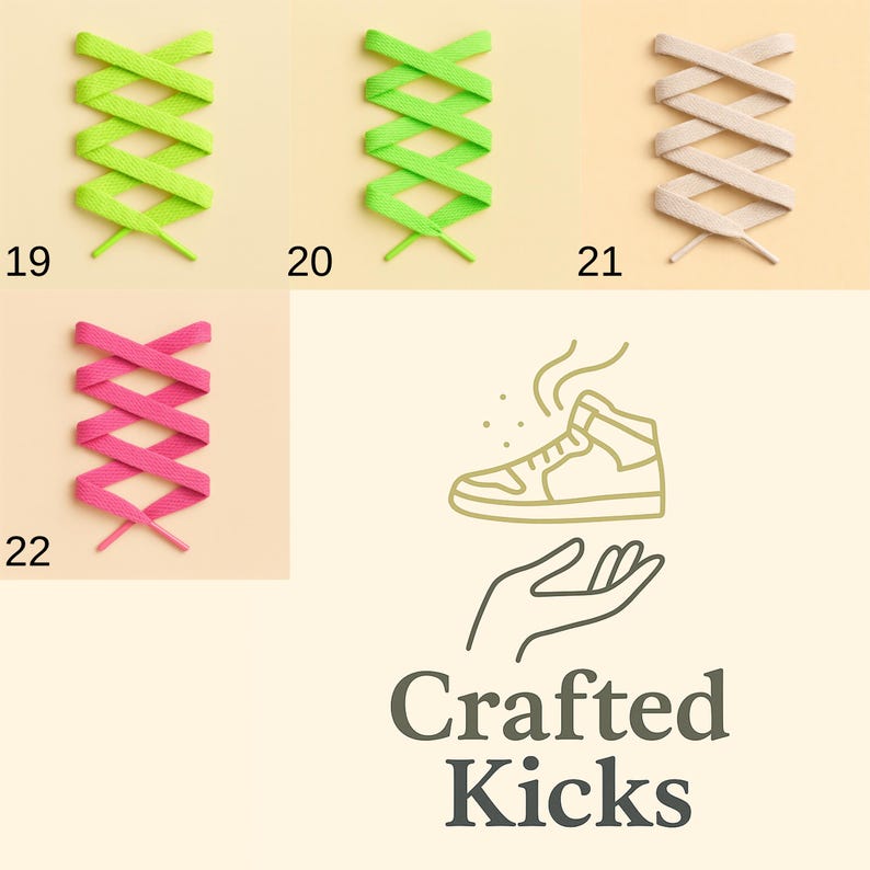 May include: Shoelace options in neon green, light green, beige, and pink, arranged in a crisscross pattern. The image also features a logo with a sneaker, hand, and the text "Crafted Kicks."