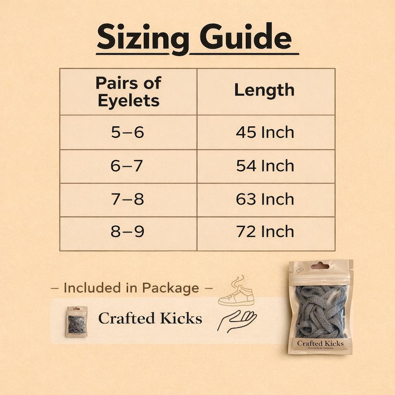 May include: A beige graphic with the text "Sizing Guide" and a table detailing shoelace lengths in inches based on the number of eyelets. The image also includes a package of gray shoelaces from "Crafted Kicks."